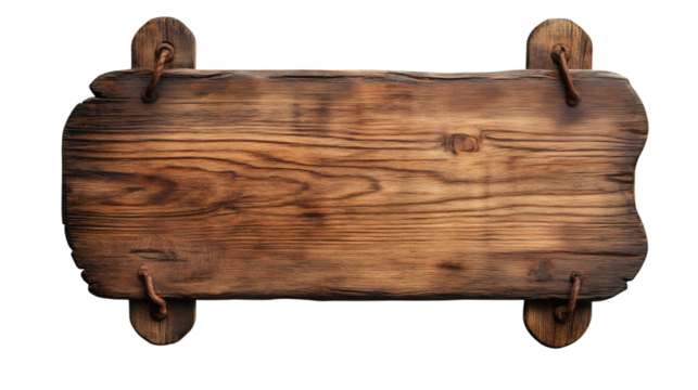 Weathered wooden sign featuring rusty metal rings, waiting for custom text against transparent backdrop