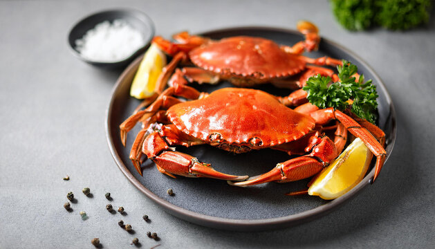 boiled red crabs seasoned with lemon sea salt and parsley on a plate ready to eat on a gray kitchen background