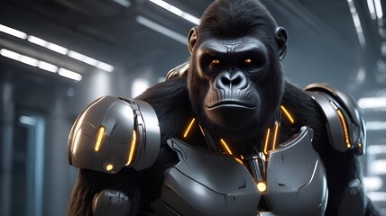 AI GENERATE, A robotic gorilla with a sleek metallic design, glowing eyes,