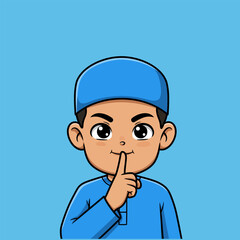 Cartoon Boy with Finger on Lips Asking for Silence on Blue