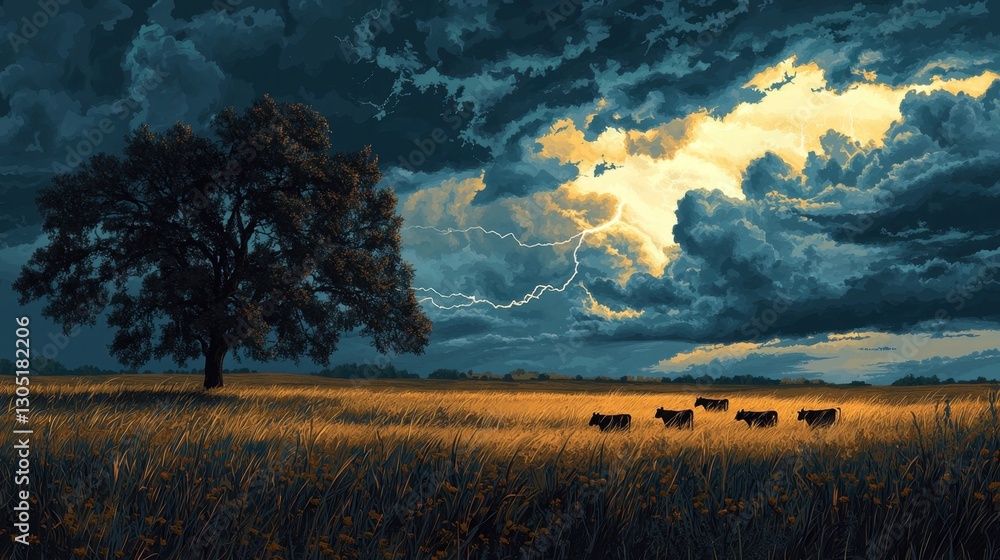 Poster cattle graze peacefully in a golden field while dark storm clouds loom overhead. lightning flashes i