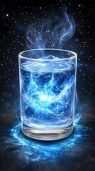 Glowing blue liquid in a glass on a dark background with a cosmic effect, steam rising from the top.