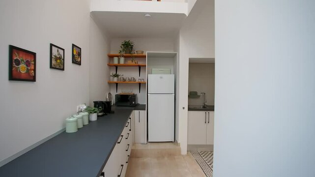 Narrow modern kitchen with high ceiling, white walls, wooden shelves and dark countertop, featuring minimalist decor, plants, and refrigerator at end of the space. Concept of compact home design