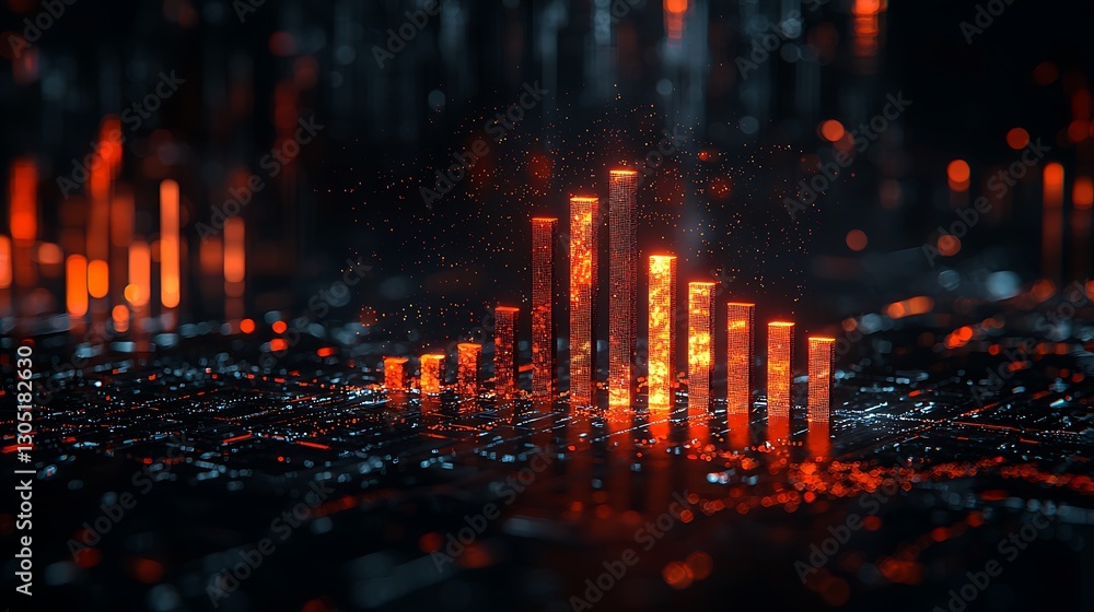 Aufkleber glowing data bars rise from a digital circuit board in a dark, abstract background