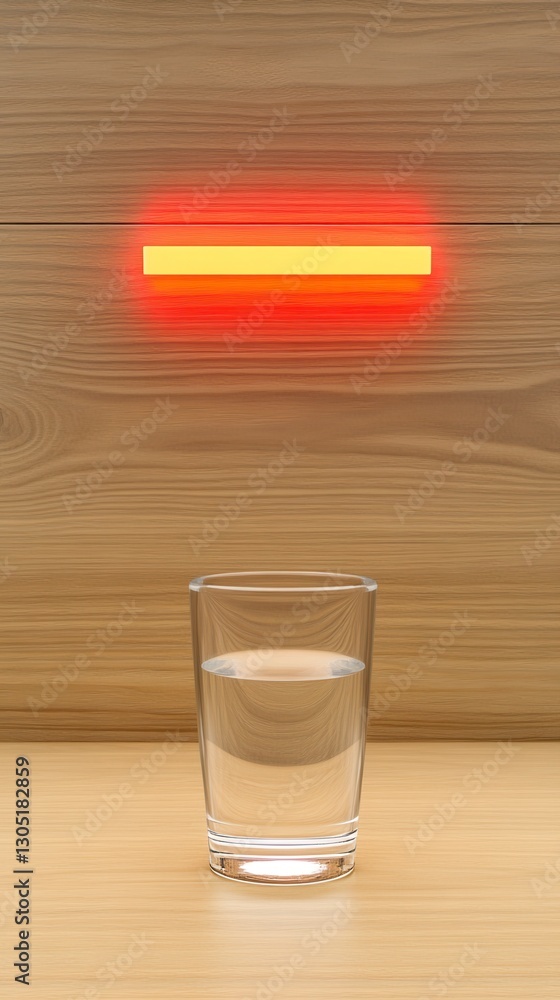 Poster glass of water on wooden surface with a glowing horizontal rectangular light source above it. simple
