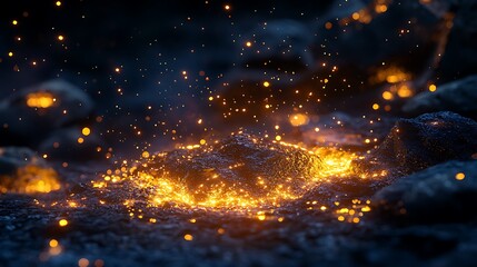 Glowing embers emanating from dark rock formation with particles in dark space