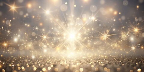 Glittering sparks dance across a light silver background, with gentle rays of light emanating from the bottom, creating an ethereal ambiance, luminous, ethereal