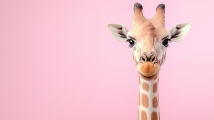 Fototapeta premium Close up portrait of a giraffe against a pale pink background. The giraffe's expression is curious and gentle, its large eyes engaging the viewer directly. 