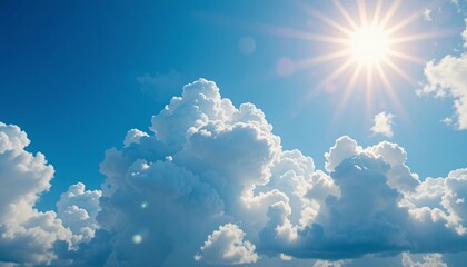 Blue Sky with Clouds, Bright blue sky with fluffy white clouds and shining sun, Image of blue sky with clouds on bright summer