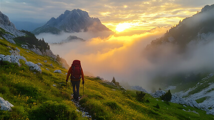 A quiet mountain valley filled with soft mist, with golden sunlight breaking through the clouds and illuminating patches of vibrant green grass. A hiker walks slowly, the scene evoking a sense of calm