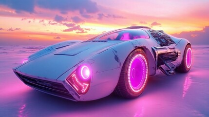 Naklejka premium Futuristic white sports car with pink neon lights parked on a reflective surface at sunset. Digital art with pixelated details. Vivid colors and dramatic lighting.