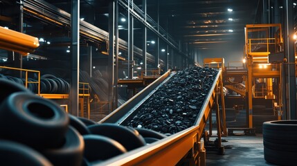 Industrial Recycling Facility with Conveyor Belts for Moving and Crushing Waste Materials in a Dimly Lit Factory Environment