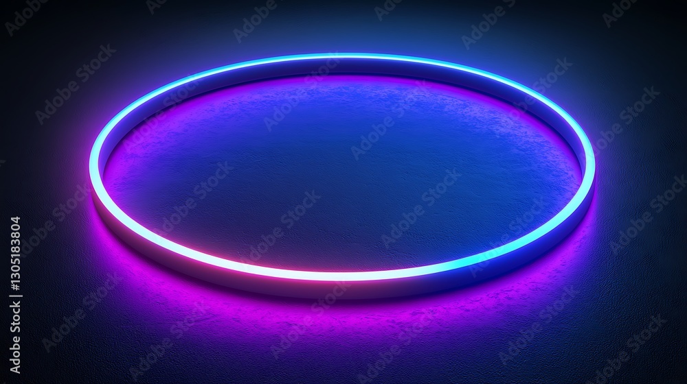 Poster glowing neon ring illuminated on a textured dark surface in studio setting