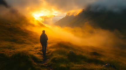 A quiet mountain valley filled with soft mist, with golden sunlight breaking through the clouds and illuminating patches of vibrant green grass. A hiker walks slowly, the scene evoking a sense of calm