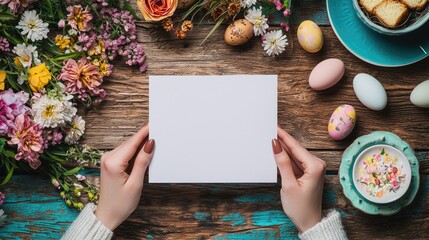 A realistic blank white invitation mockup, size is 5 by 7 inches in portrait orientation in the hands of an elegant woman with long almond shaped nails