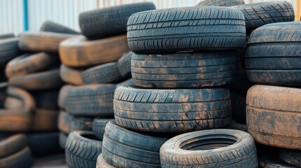 Stack of Used Tires Piled Outside Recycling Facility with Weathered Texture and Contaminants Highlighted in Natural Light