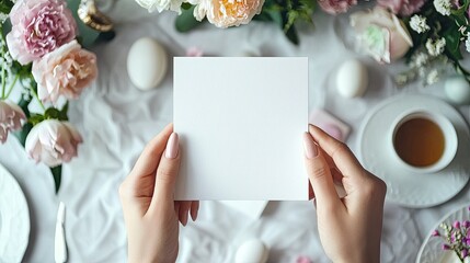 Obraz premium A realistic blank white invitation mockup, size is 5 by 7 inches in portrait orientation in the hands of an elegant woman with long almond shaped nails