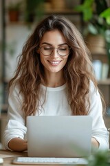 Elegant Home Office: A serene woman, radiating comfort and focus, works on her laptop in a cozy home office environment.