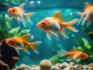 Fototapeta premium Swimming goldfish displaying vibrant colors in an underwater aquarium environment close-up view for fish enthusiasts