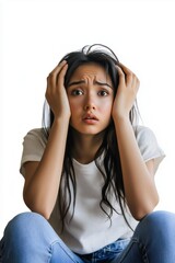 Fototapeta premium stressed young woman holding her head in frustration and anxiety
