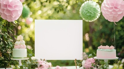 A realistic blank white invitation mockup, size is 5 by 7 inches in portrait orientation during a garden party birthday celebration, with pastel pink and green decorations