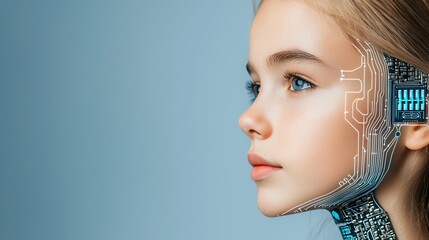 Naklejka premium Girl With Futuristic Face Circuit Overlay Profile View