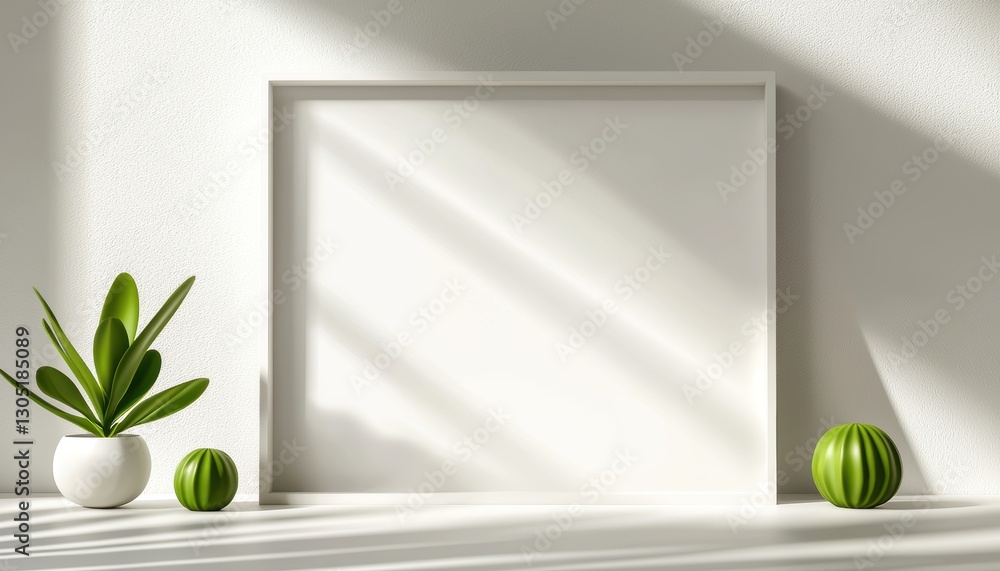 Poster neutral minimalist setting with a blank frame against a recessed white wall accompanied by cacti and