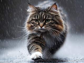 Rain-soaked cat stalking outdoors