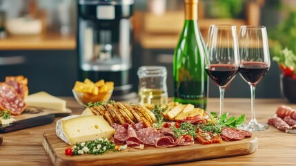 Delectable Spread: A meticulously arranged assortment of charcuterie, cheese, bread, snacks, and red wine, a testament to culinary delight and conviviality. 