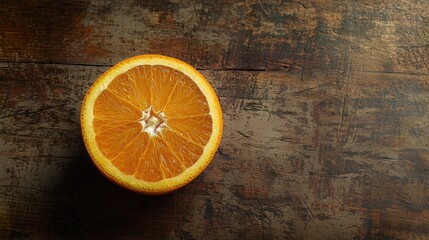 A ripe orange sliced in half, revealing its juicy texture on a wooden table.