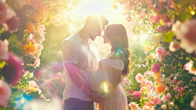 A loving couple embraces in a sunlit garden, celebrating their upcoming parenthood surrounded by colorful flowers. The soft golden light and natural beauty highlight the joy and romance of this tender
