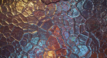 Iridescent Textured Glass Surface - Abstract Background with Mosaic Pattern and Warm to Cool Color Play.