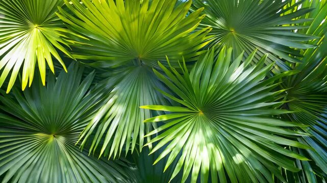 A vibrant and dense arrangement of fan palm leaves creates a striking tropical pattern. The overlapping green foliage showcases various shades and textures, emphasizing the beauty of nature 