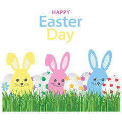 Illustration of cute pink Easter bunnies with eggs in the grass on a white background.