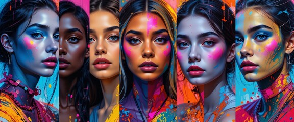 Obraz premium Vibrant Portraits of Diverse Women in Colorful Artistic Splashes