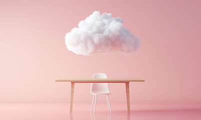 Surreal Floating Cloud Above Minimalist Desk – Dreamy and Creative Workspace Concept with Soft Pastel Pink Background and Modern Interior Design