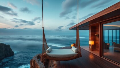 Obraz premium Elegant Cliffside Resort with a Floating Rope Bed