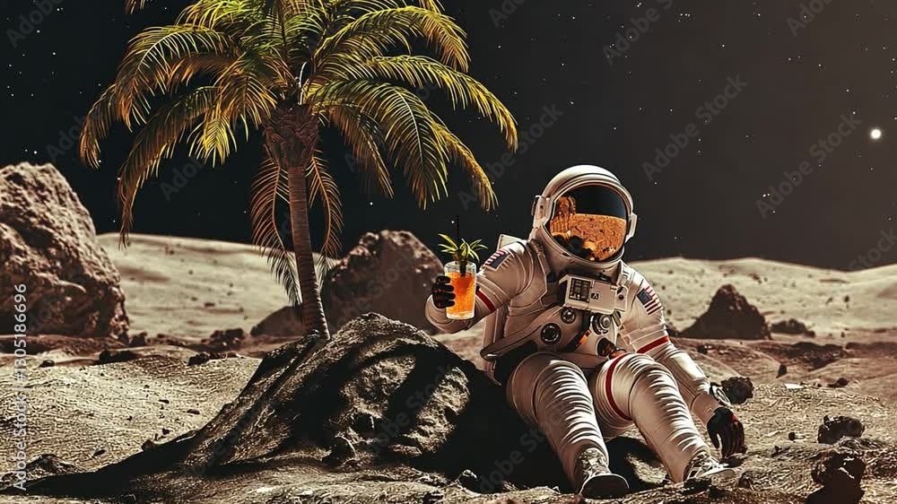 Poster this astronaut enjoys a tropical drink while lounging on the lunar surface near a palm tree.