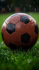 Rain-soaked soccer ball on field