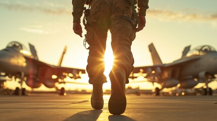 Soldier walking towards fighter jets at sunset air base military scene