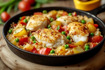 Chicken and Rice Dish with Vegetables Served in a Cast Iron Pan