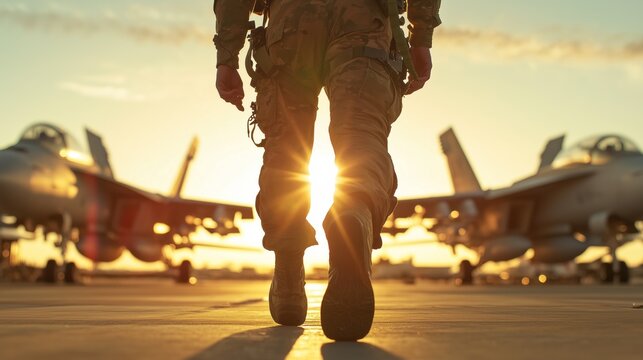 Soldier walking towards fighter jets at sunset air base military scene