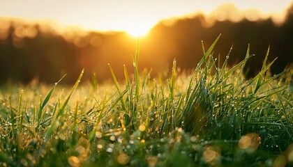 close up of green grass covered with dew in the rays of the setting sun