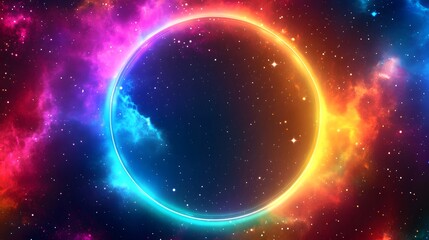 A vibrant and glowing circle surrounded by colorful space elements