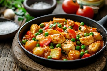 Chicken and Potato Curry in Pan with Tomatoes and Peas