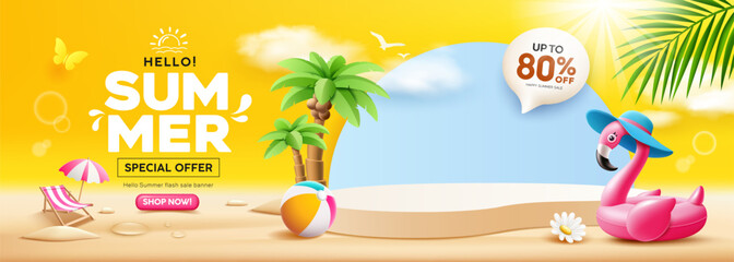 Summer sale podium, Pink flamingo inflatable swimming pool, coconut trees, beach umbrella, banner design, cloud and sky on yellow background