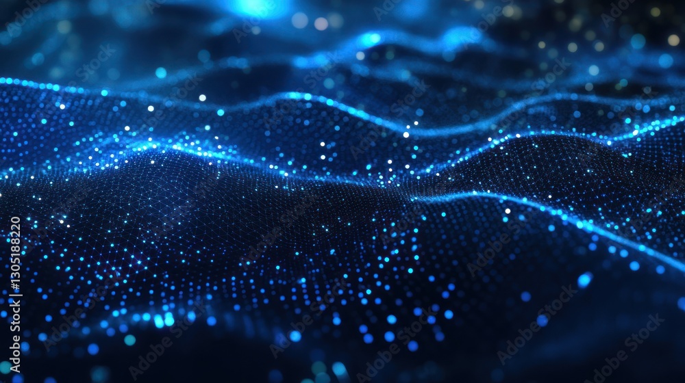 Poster abstract digital wave, glowing particles, dark background. possible use technology, futuristic backd
