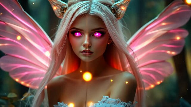 devil fairy fantasy dreamy portrait of a young woman with pink hair and pink wink at enchanted forest 