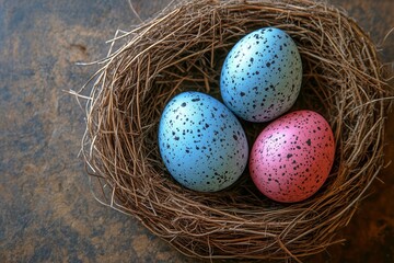 Obraz premium Colorful Speckled Eggs Resting in a Natural Nest on a Rustic Surface