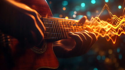 Obraz premium A realistic close-up animation of a musician’s fingers plucking guitar strings, resonating warm tones with intricate soundwave visuals in the background 